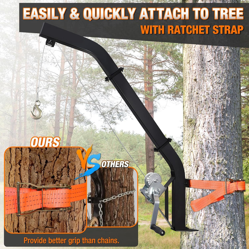 Tree Mounted Deer Hoist, 500LBS Hunting Game Hoist with Winch and Ratchet Strap, 23FT Steel Cable Heavy Duty Deer