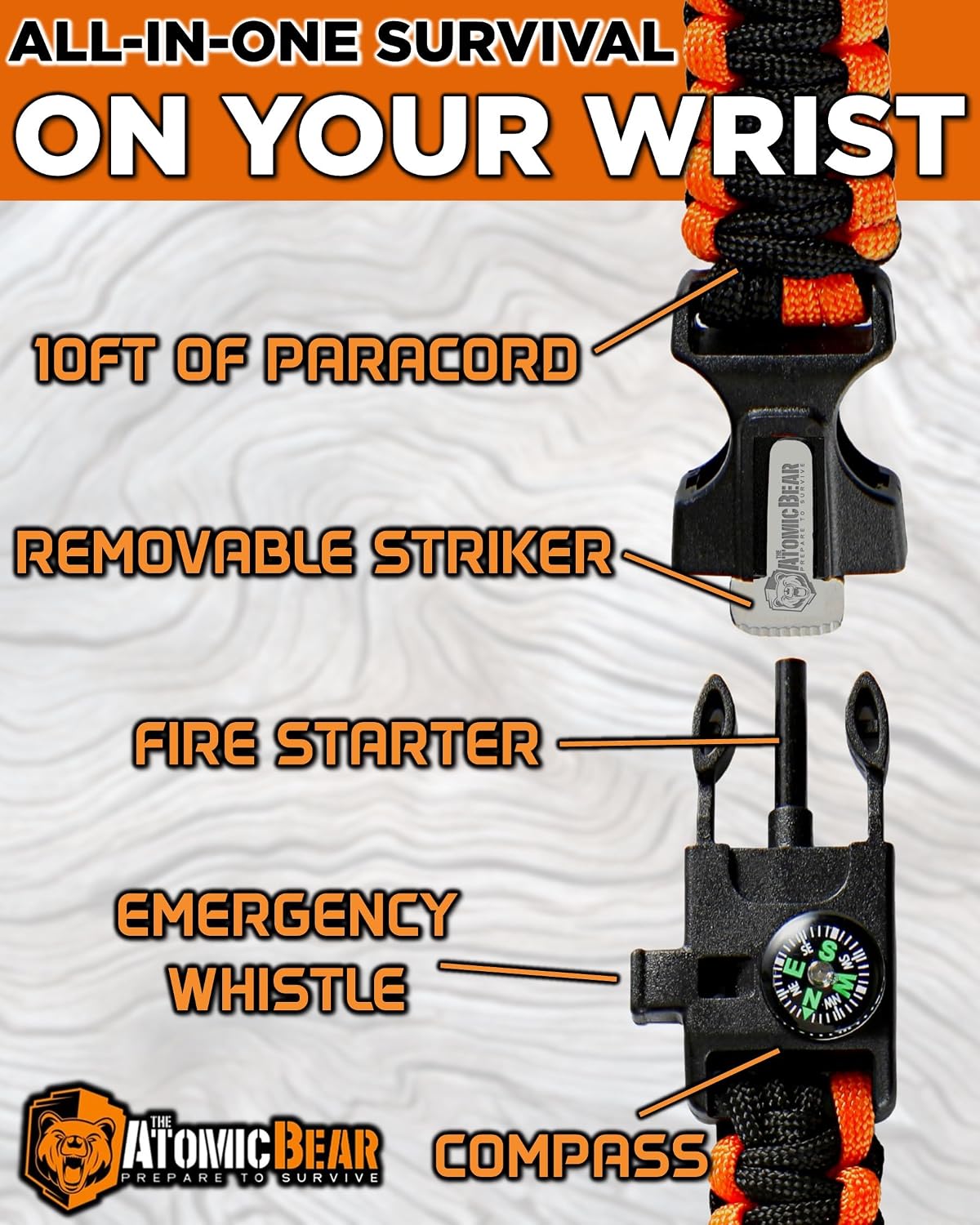 Atomic Bear Paracord Bracelet (2 Pack) - Adjustable - Fire Starter - Loud Whistle - Perfect for Hiking, Camping