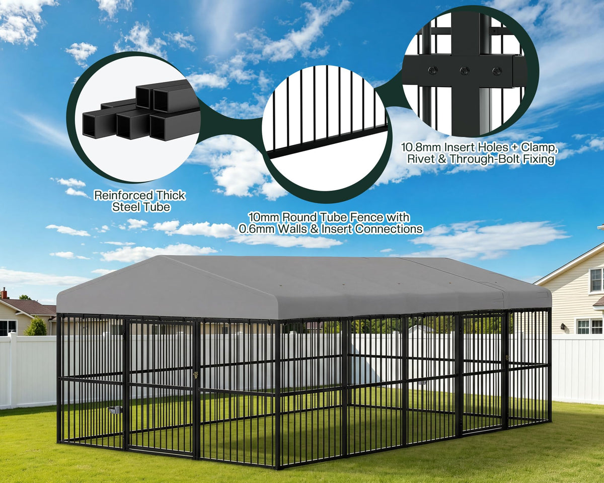 10X16X6.4 FT Outdoor Dog Kennel, 2 Doors, Waterproof Roof
