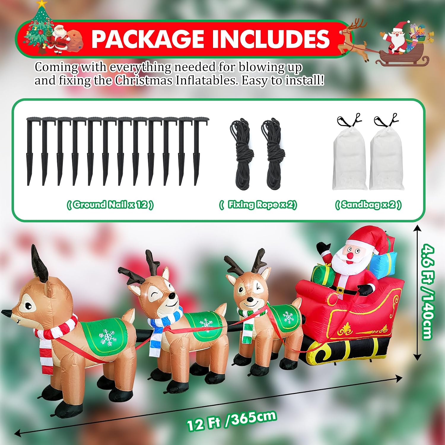 12 Ft Christmas Inflatables Outdoor Decorations Giant Blow Up Yard Decorations Inflatable Santa Claus on Sleigh and 3