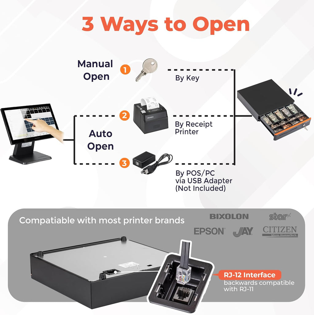 Cash Register Drawer for Point of Sale POS System with Round Corners 16", Removable Coin Tray, 5 Bill 8 Coin, 12-24V
