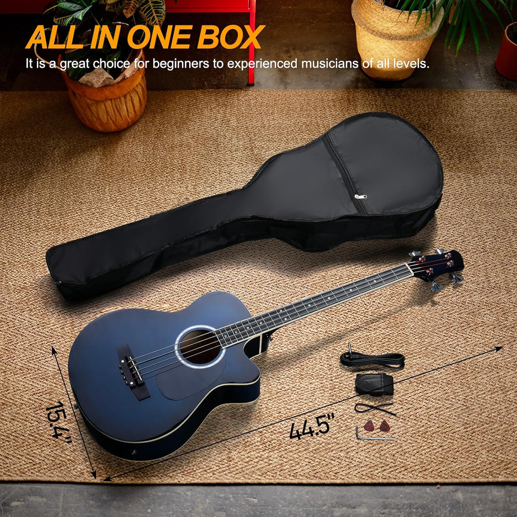 4 String Acoustic Bass Guitar, Full Size Bass Guitar Kit, Blue | Portable Guitar Bag, Premium Cable, Wrench, Strap