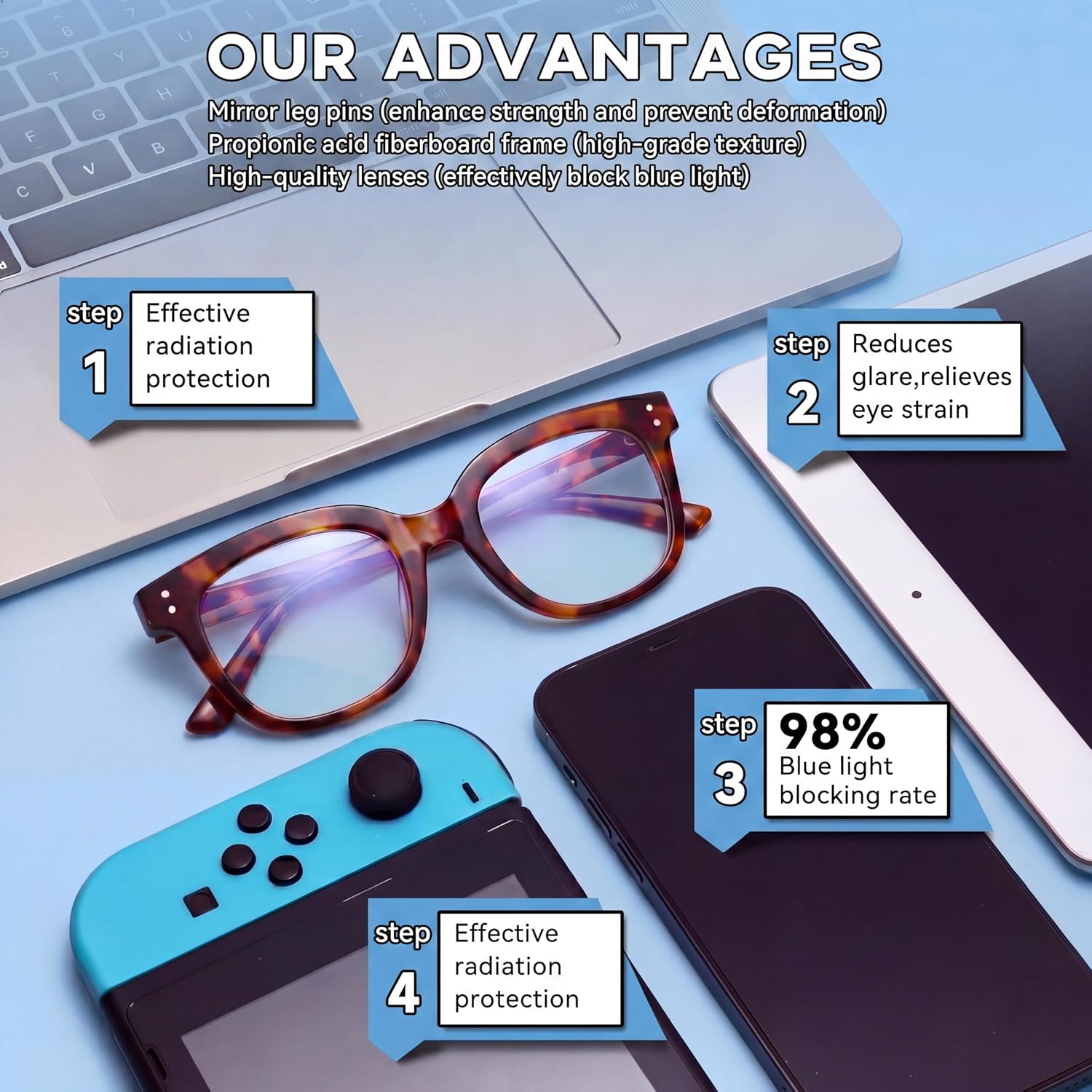 Women Blue Light Blocking Glasses, Oversized Computer Screen Eyewear | 3 Pack Fashion TR90 Computer Eyewear with