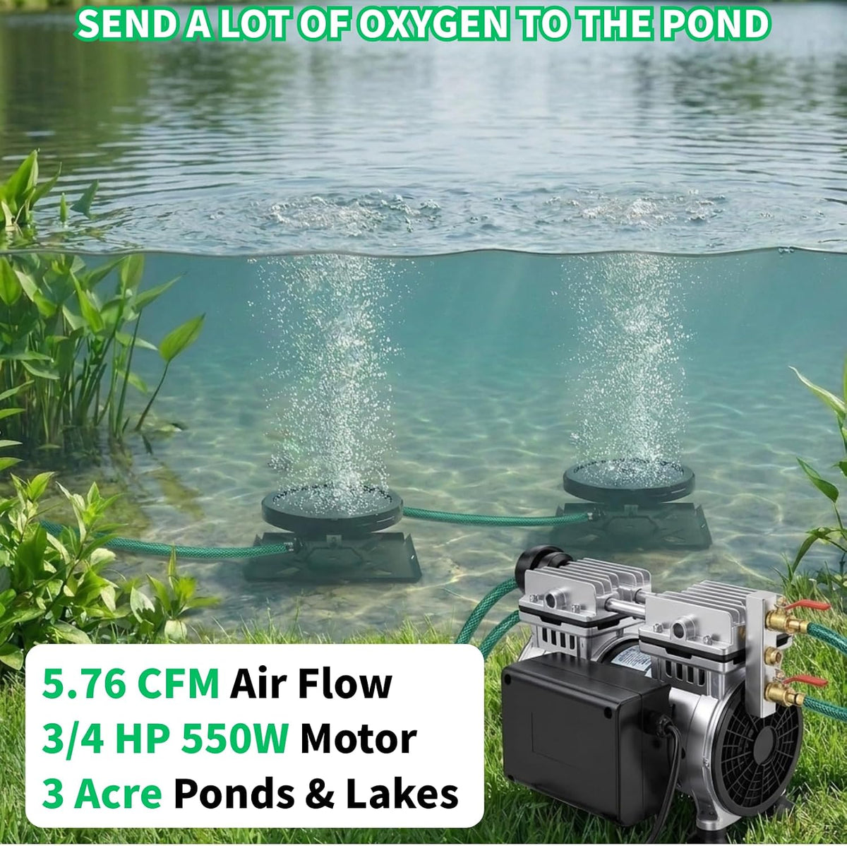 Pond Aerator 5.76CFM Aeration System for Up to 3 Acre Pond & Lake, 3/4 HP 550W Air Compressor with 100' Weighted