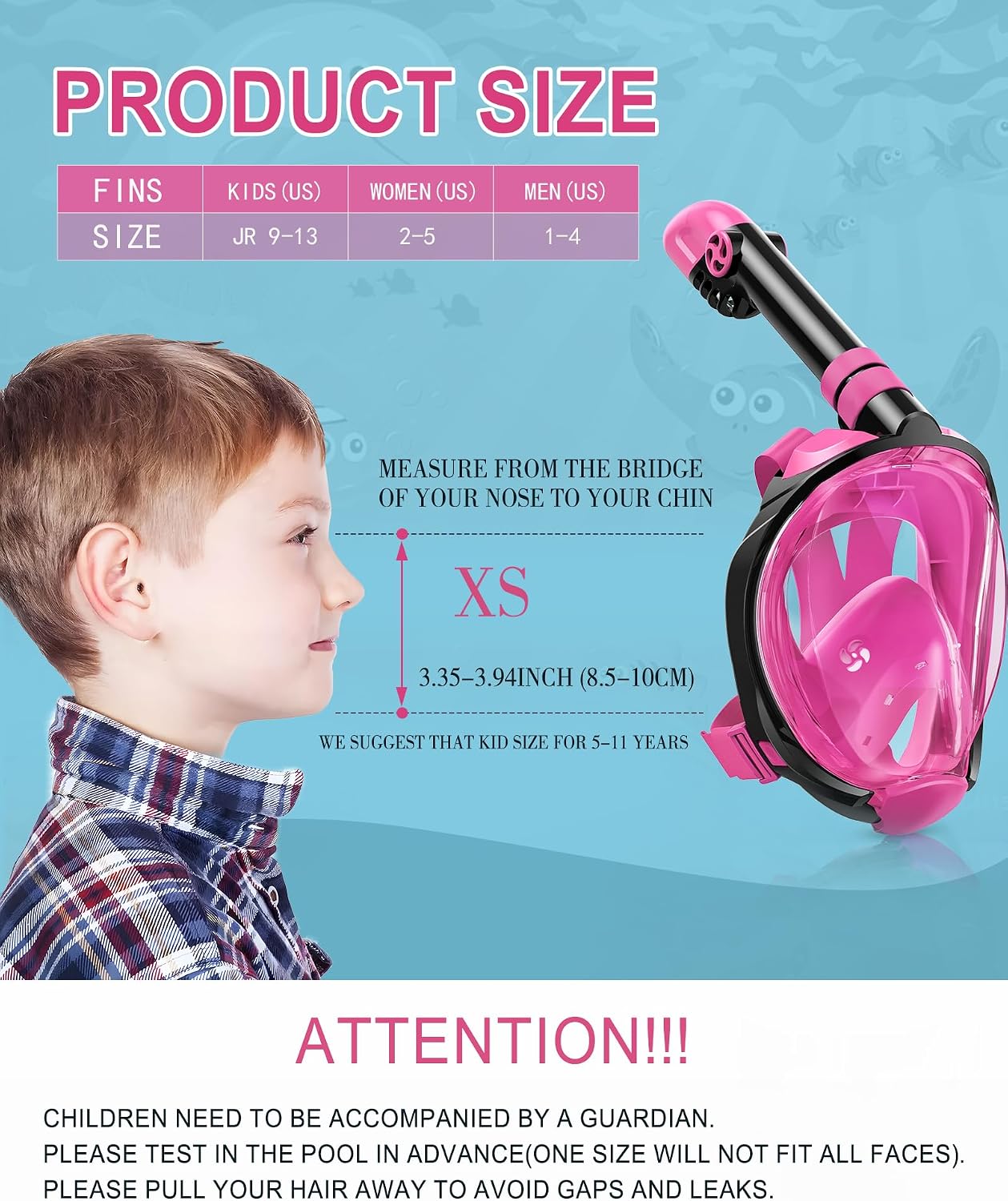 Snorkeling Gear for Kids, Full Face Snorkel Mask Swim Fins Snorkel Set | Anti-fog Anti-leak, Panoramic View, Safe