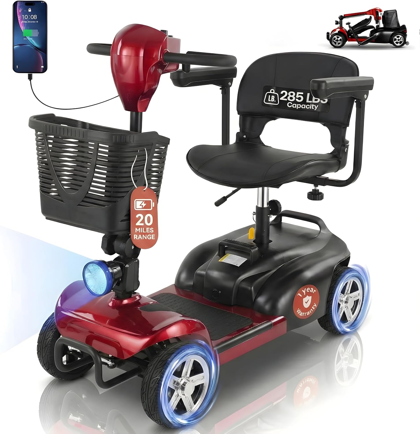 Mobility Scooter for Seniors – 20 Miles Range, 4 Wheel Foldable Electric Scooter, 24V 20Ah Battery, 300W Motor, 285
