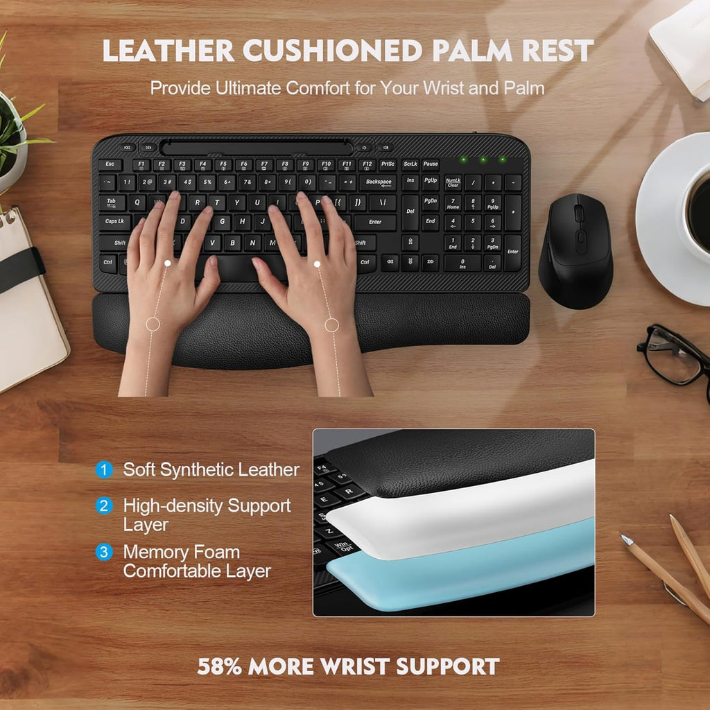 Wireless Keyboard and Mouse Combo, Full-Sized Ergonomic Wave Keys Keyboard with Memory Foam Wrist Rest & Phone