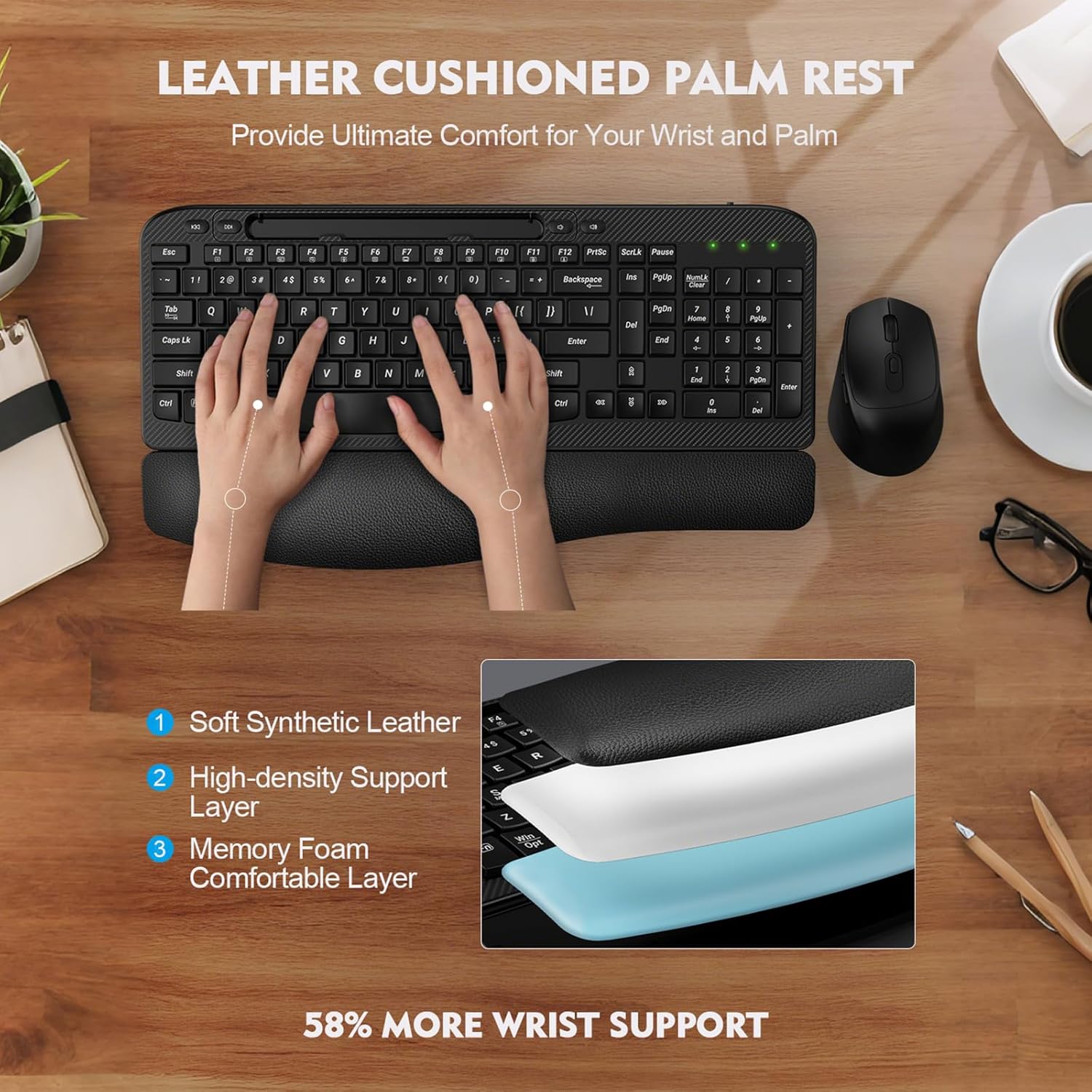 Wireless Keyboard and Mouse Combo, Full-Sized Ergonomic Wave Keys Keyboard with Memory Foam Wrist Rest & Phone