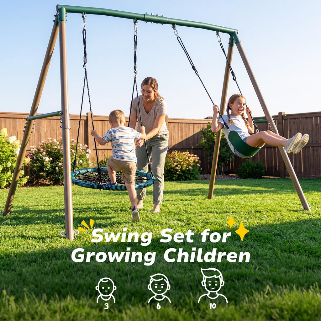 7.5ft Tall Swing Sets for Backyard, 500lbs Heavy Duty Metal Swing Set for Kids and Adults with Spider Swing and Belt