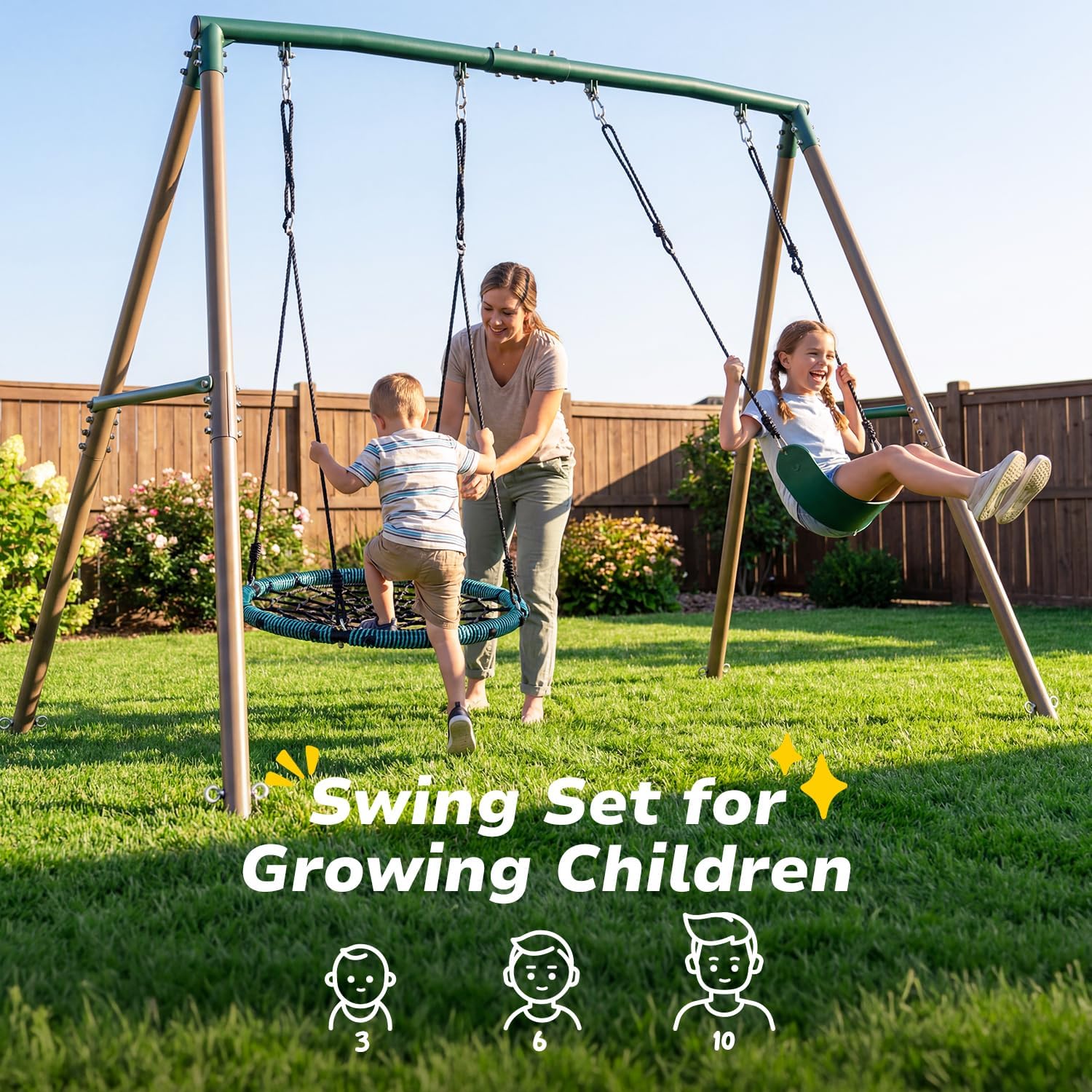 7.5ft Tall Swing Sets for Backyard, 500lbs Heavy Duty Metal Swing Set for Kids and Adults with Spider Swing and Belt