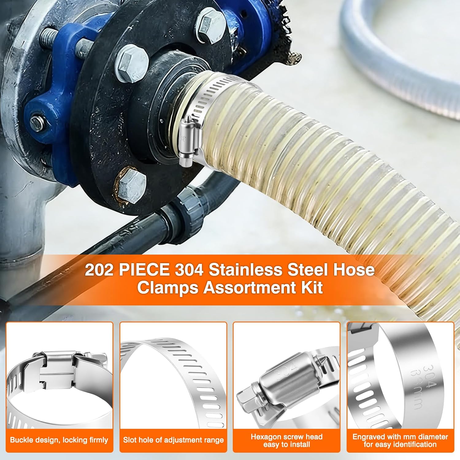 202PCS Hose Clamp Kit 304 Stainless Steel 8 Sizes 1/4"-2" Worm Gear | 6-51mm range | Worm gear clamps | Wrench &