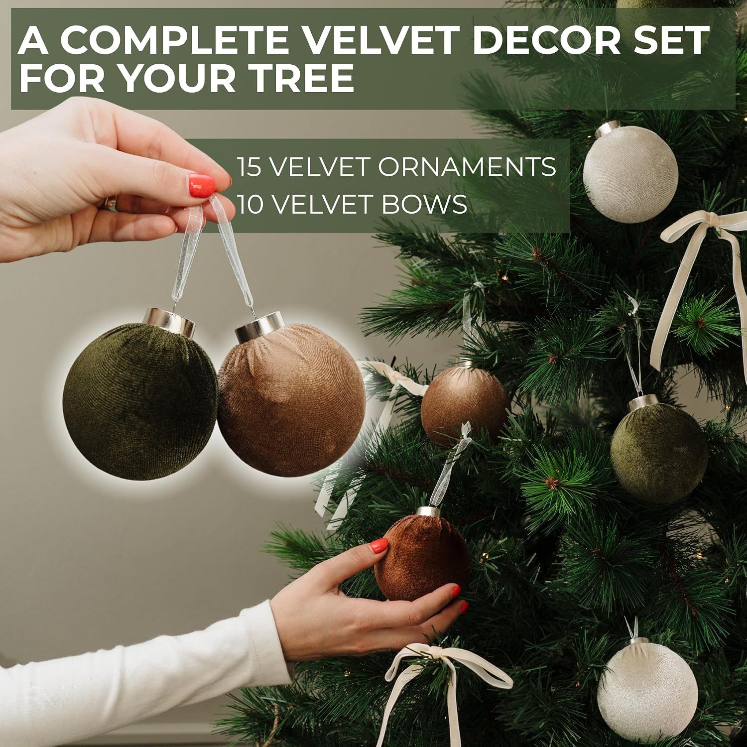 Elegant Velvet Christmas Ornaments Set with 15 Shatterproof Balls & 10 Matching Velvet Bows - Complete Festive Tree
