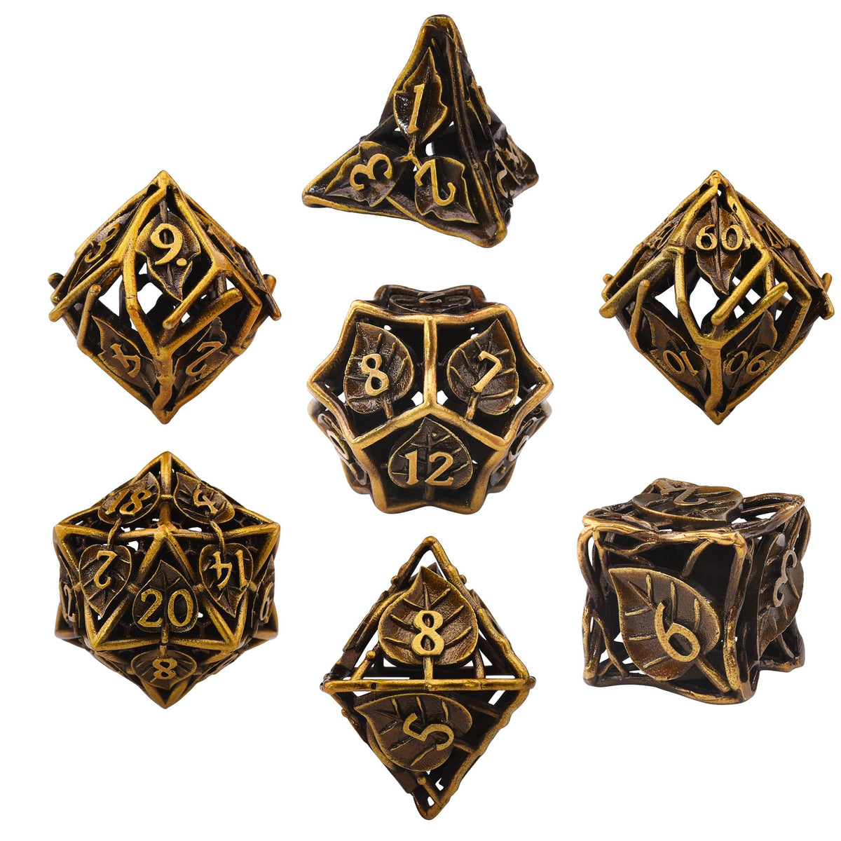 Metal RPG Dice Set 7 Pcs Leaf RPG Dice Hollow Polyhedral Metal Dice