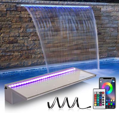 24'' APP Pool Waterfall with 16 Colors LED Lights, Acrylic Pond Fountain Set for Outdoor Decorations, Patio Waterfall