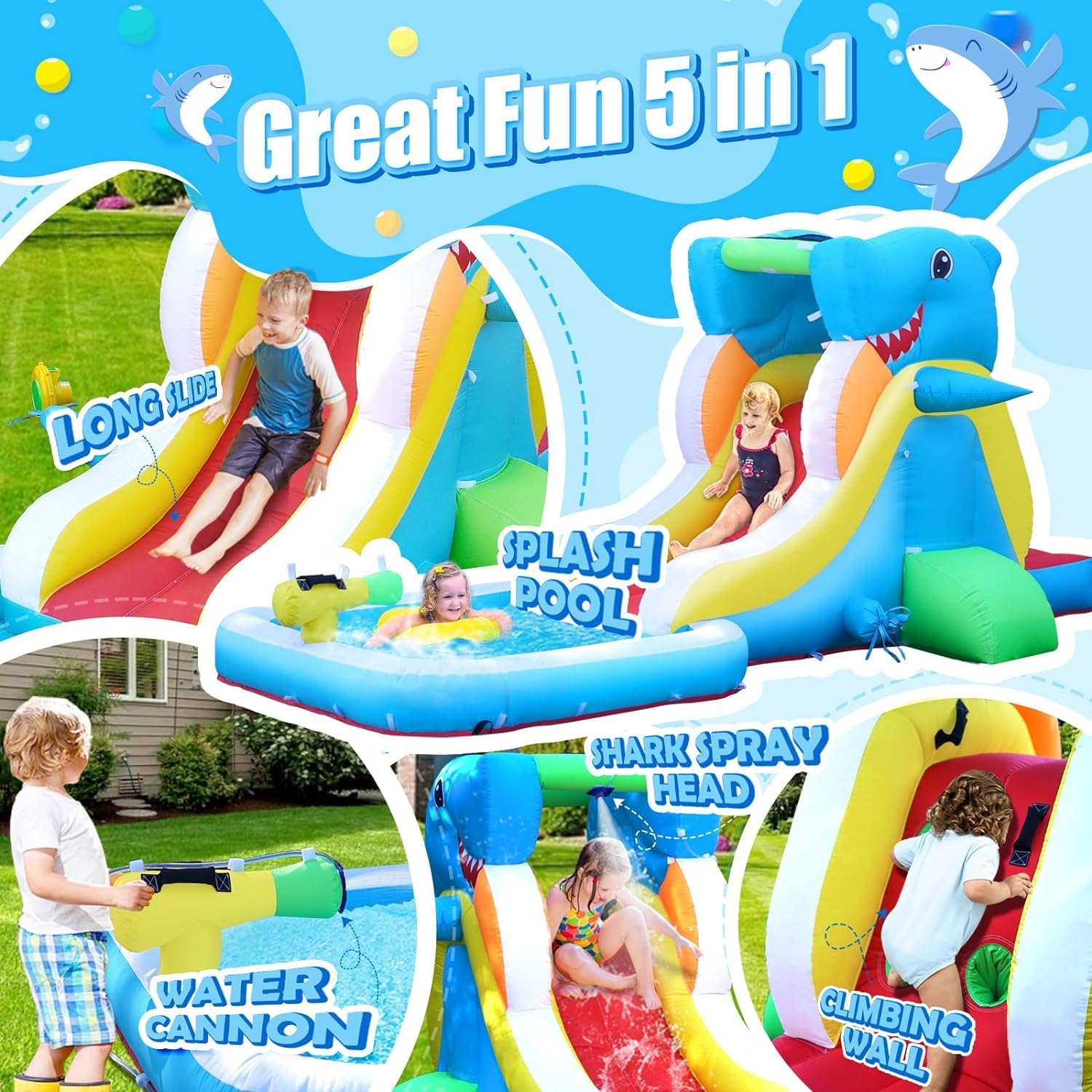 Inflatable Water Slide, Bounce House for Kids Backyard, Toddler Blow Up Bouncer with Air Blower, Splash Zone