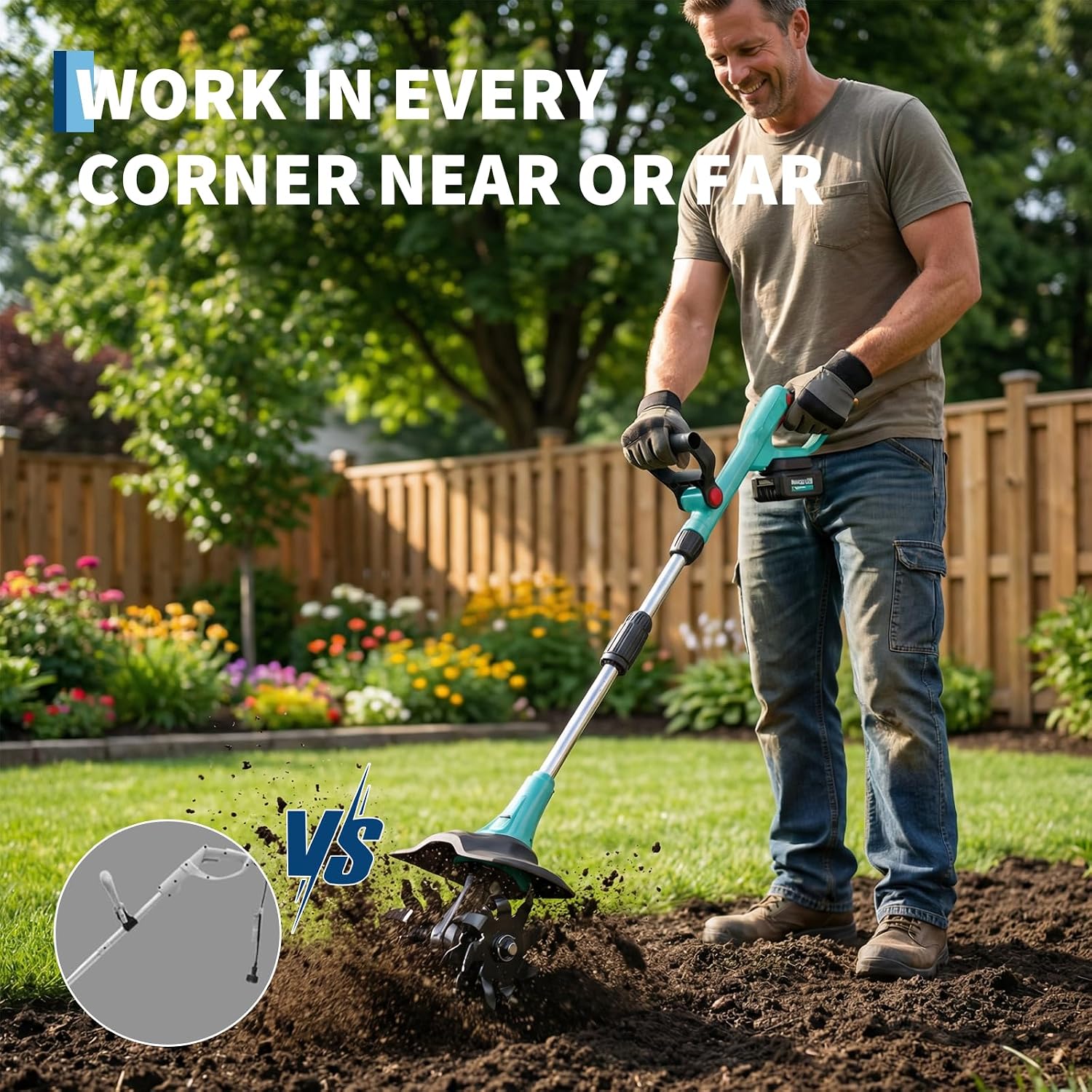 20V Cordless Tiller Cultivator, Electric Garden Tiller with 2 * 2.0Ah Batteries & Charger, 9in Tilling Width and