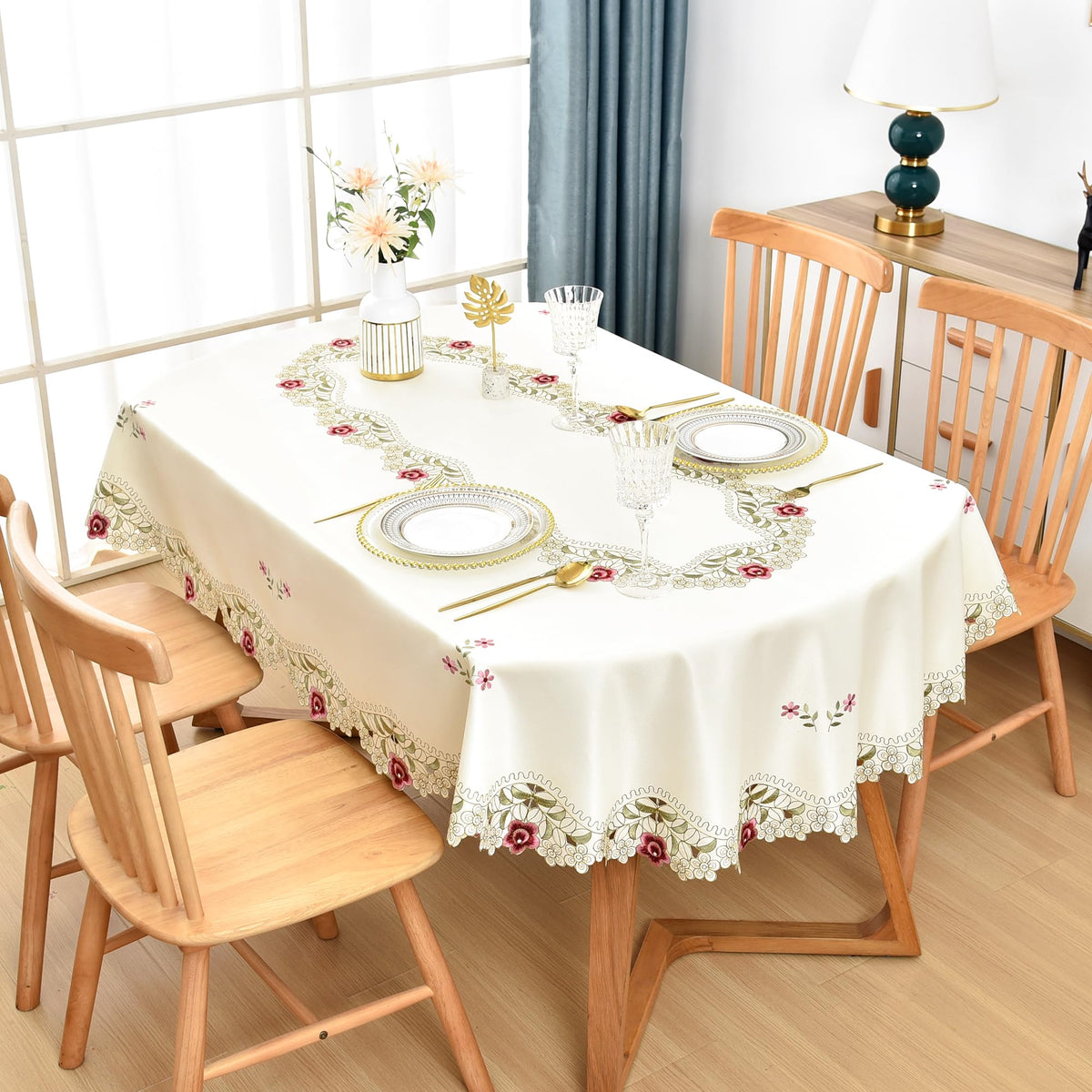 Jacquard Floral Embroidered Oval Tablecloth 60 x 84 inch