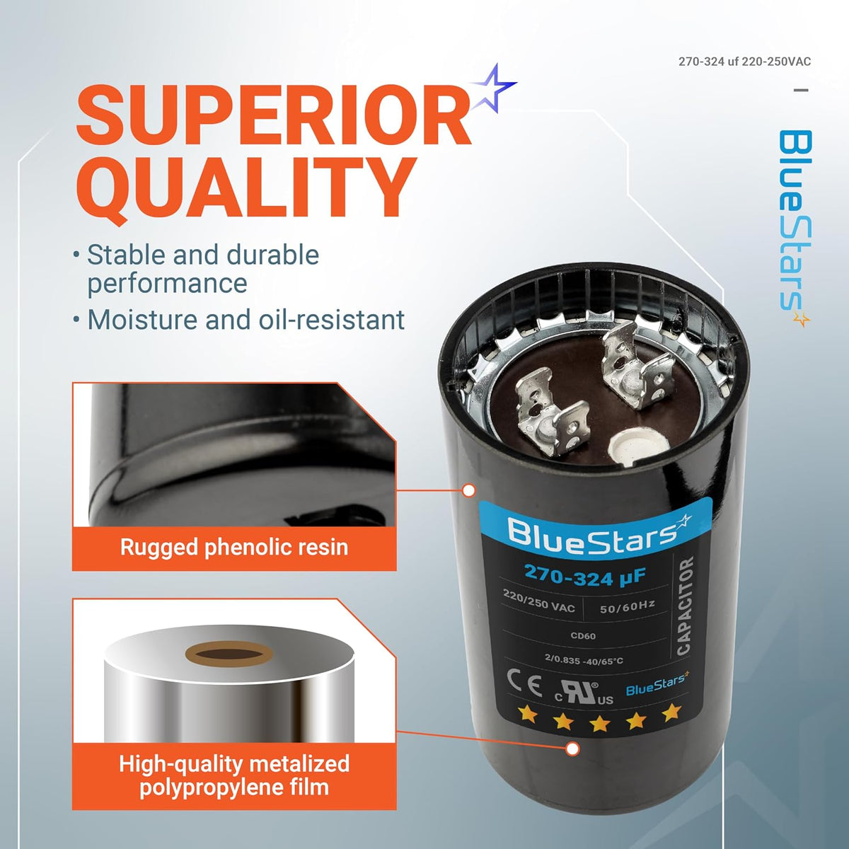 [2025 Upgraded] BlueStars 270-324 uF MFD 220-250 VAC Motor Start Capacitor