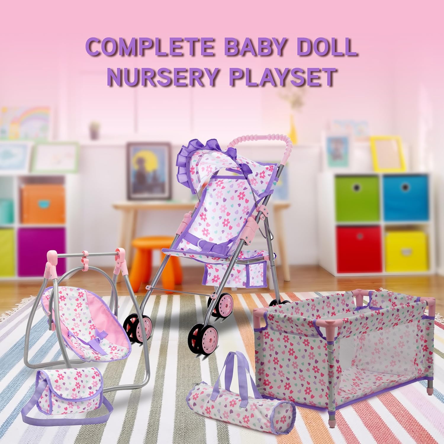 Baby Doll Stroller Bed and Swing Nursery Playset, Baby Doll Accessories Furniture Set Convertible High Chair Diaper