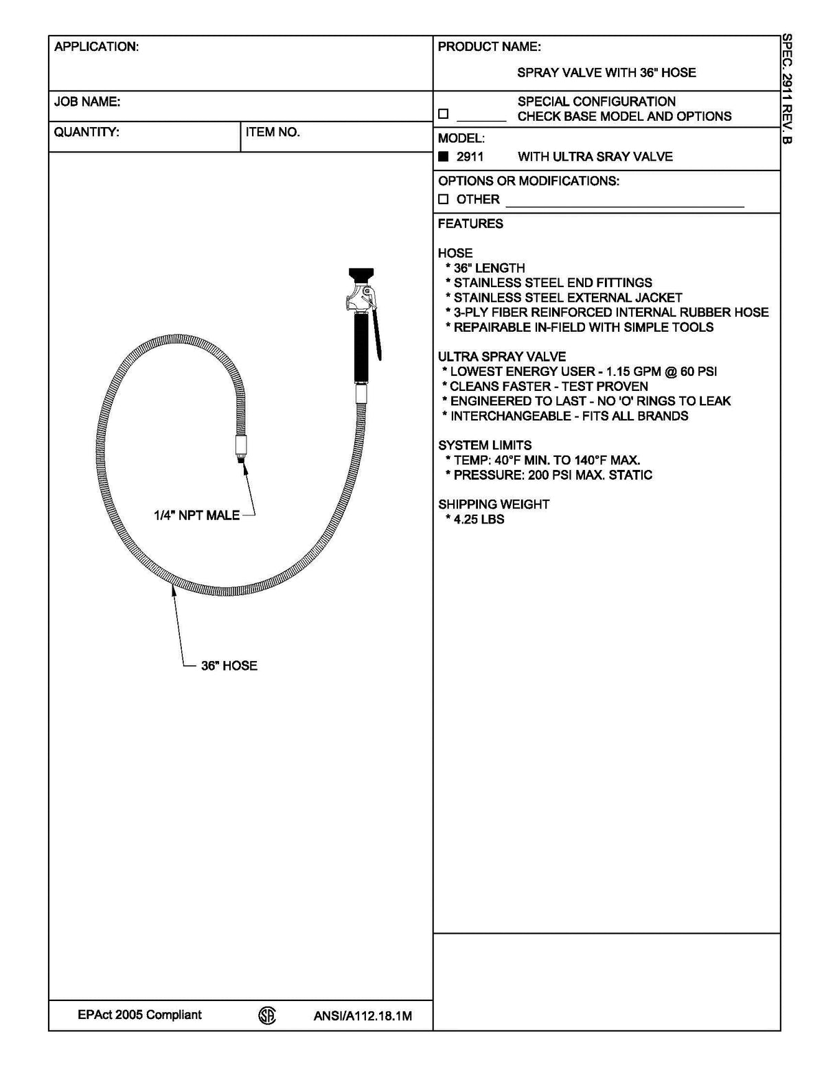 Fisher 2911 Ultra Spray Valve with 36" Hose