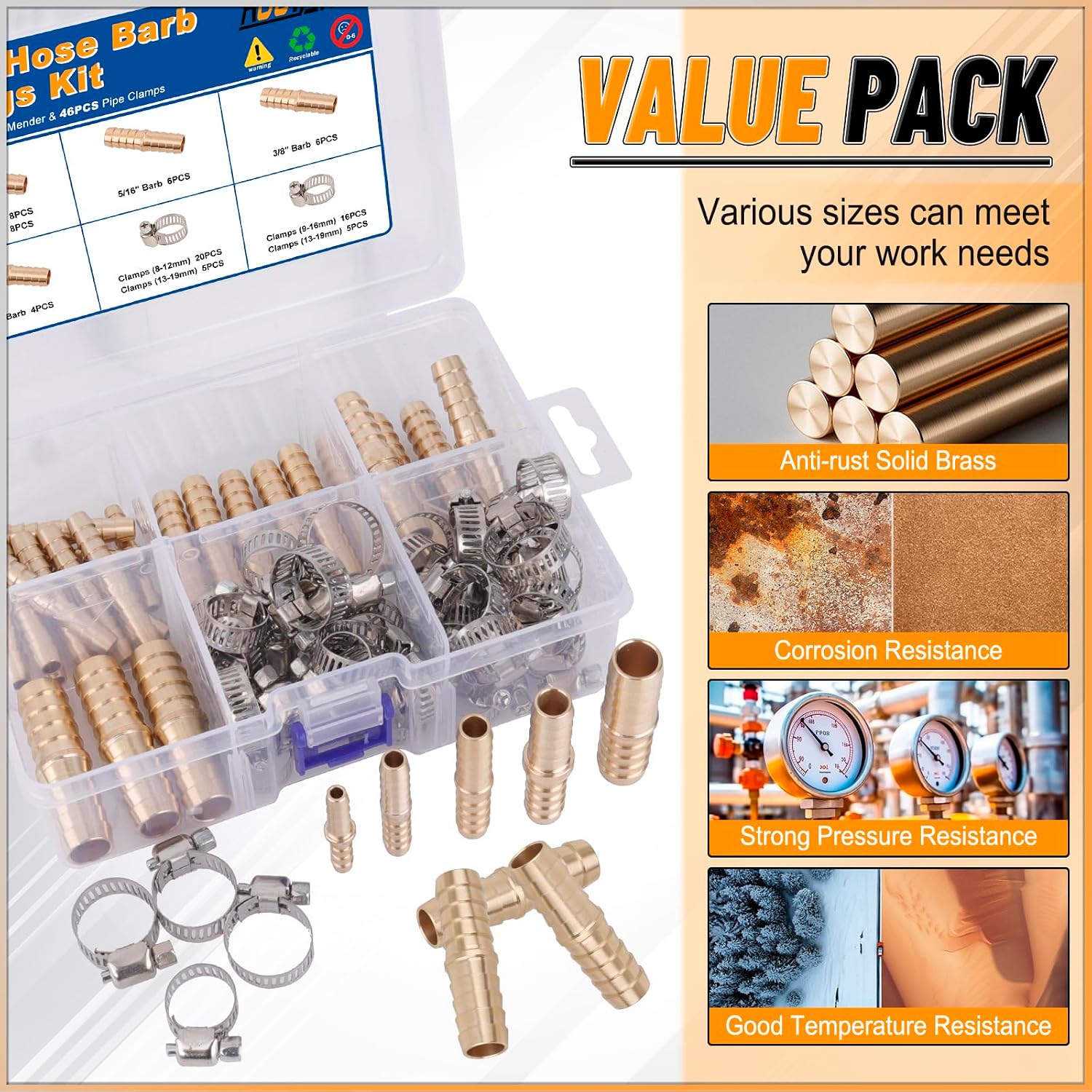 32PCS Brass Hose Barb Fittings Barb Splicer Mender Hose Fittings Kit 3/16" 1/4" 5/16" 3/8" 1/2" Barbed Air Hose