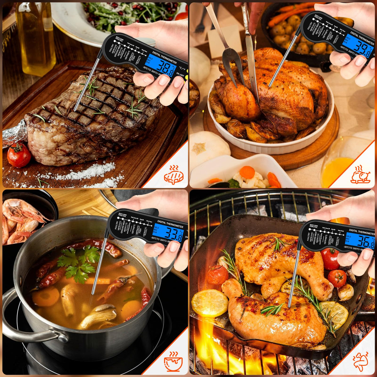 Instant Read Meat Thermometer, Fast & Accurate Digital Food Thermometer with Backlight, Waterproof & Magnet for