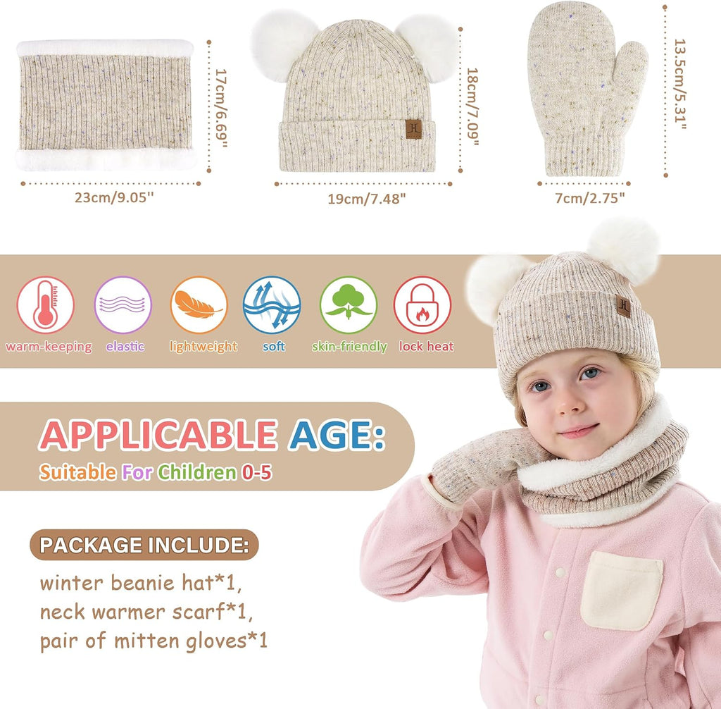 Kid Toddler Winter Beanie Hat Gloves Scarf for 0-4Y Girls | Pompoms Knit Thermal Warm Mittens for 0-6 6-12 12-18