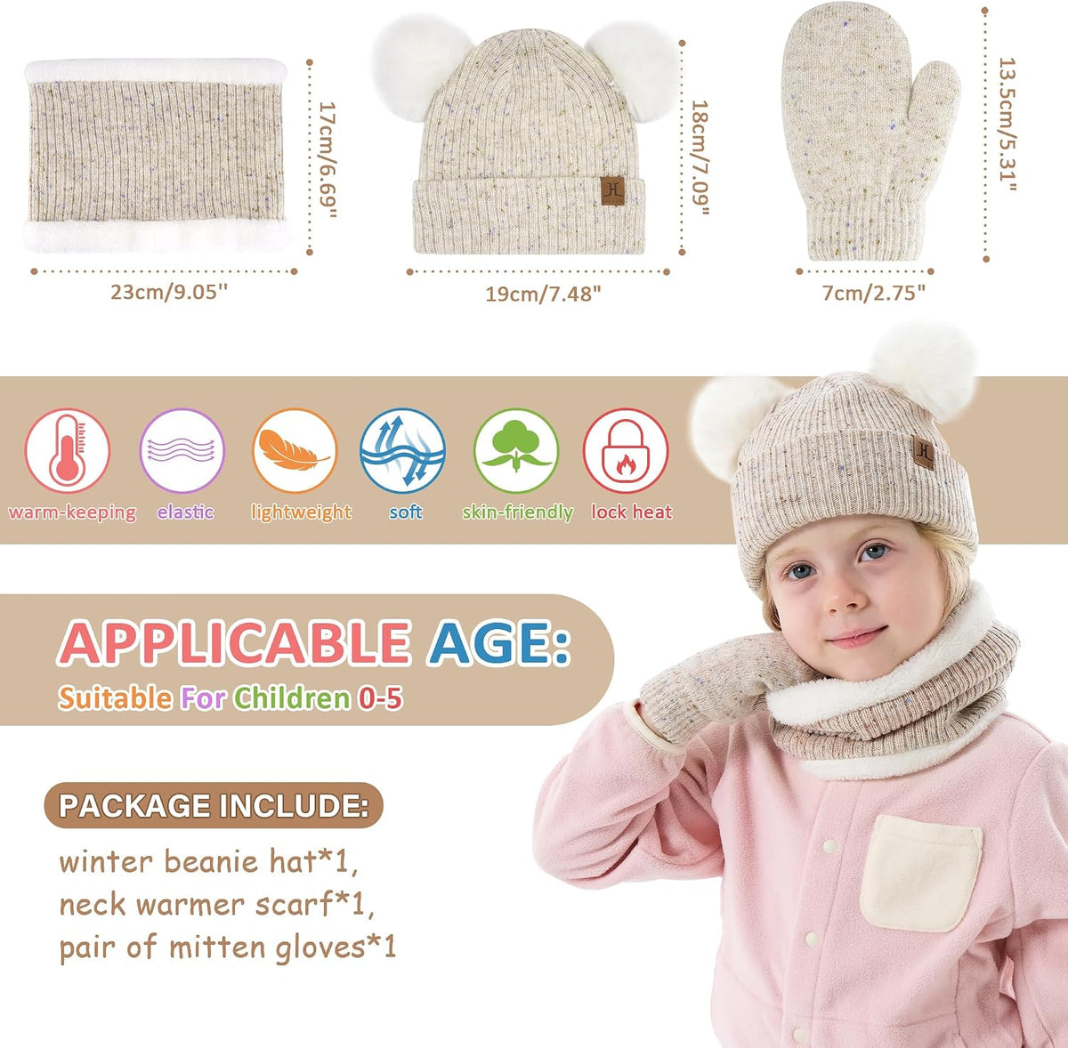Kid Toddler Winter Beanie Hat Gloves Scarf for 0-4Y Girls | Pompoms Knit Thermal Warm Mittens for 0-6 6-12 12-18