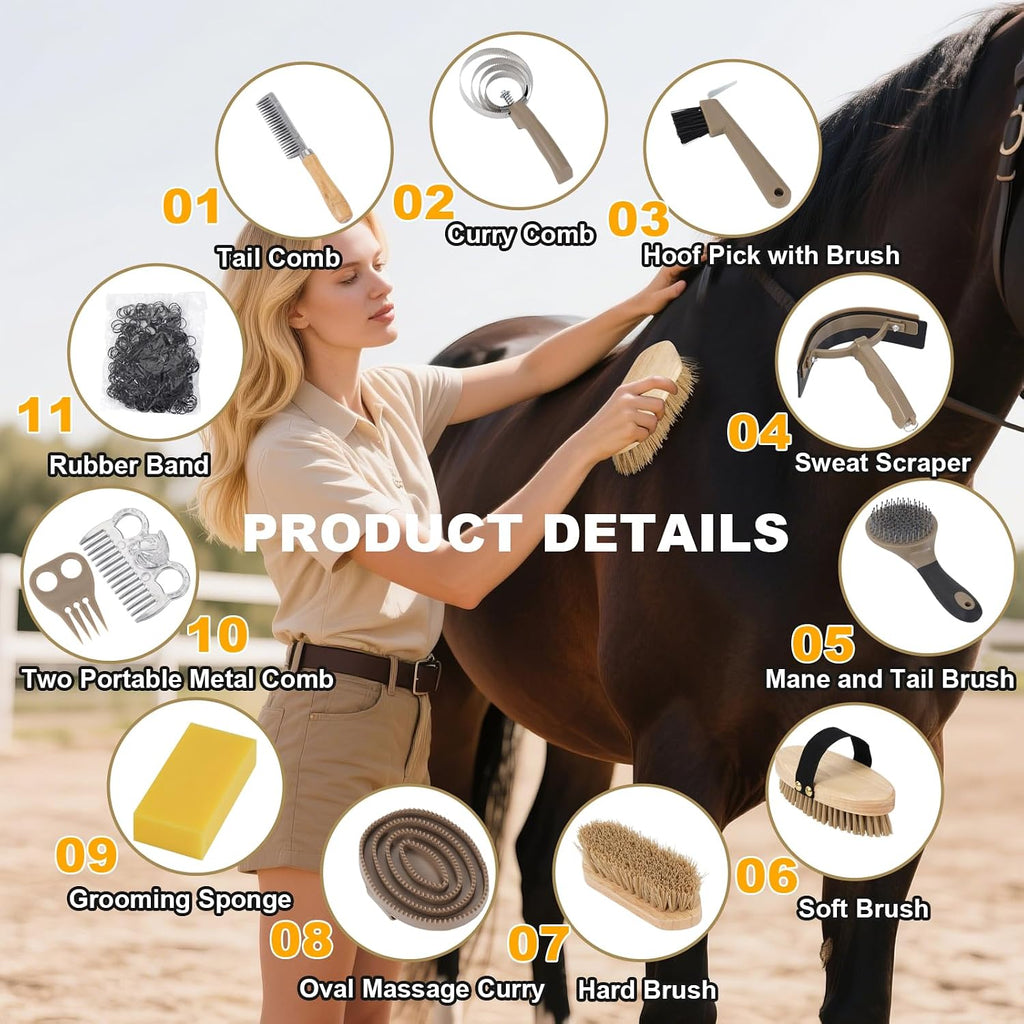Horse Grooming Kit 15PCS - Horse Brush Set with Organizer Tote Bag Care Cleaning Kit with Brush & Comb, Professional