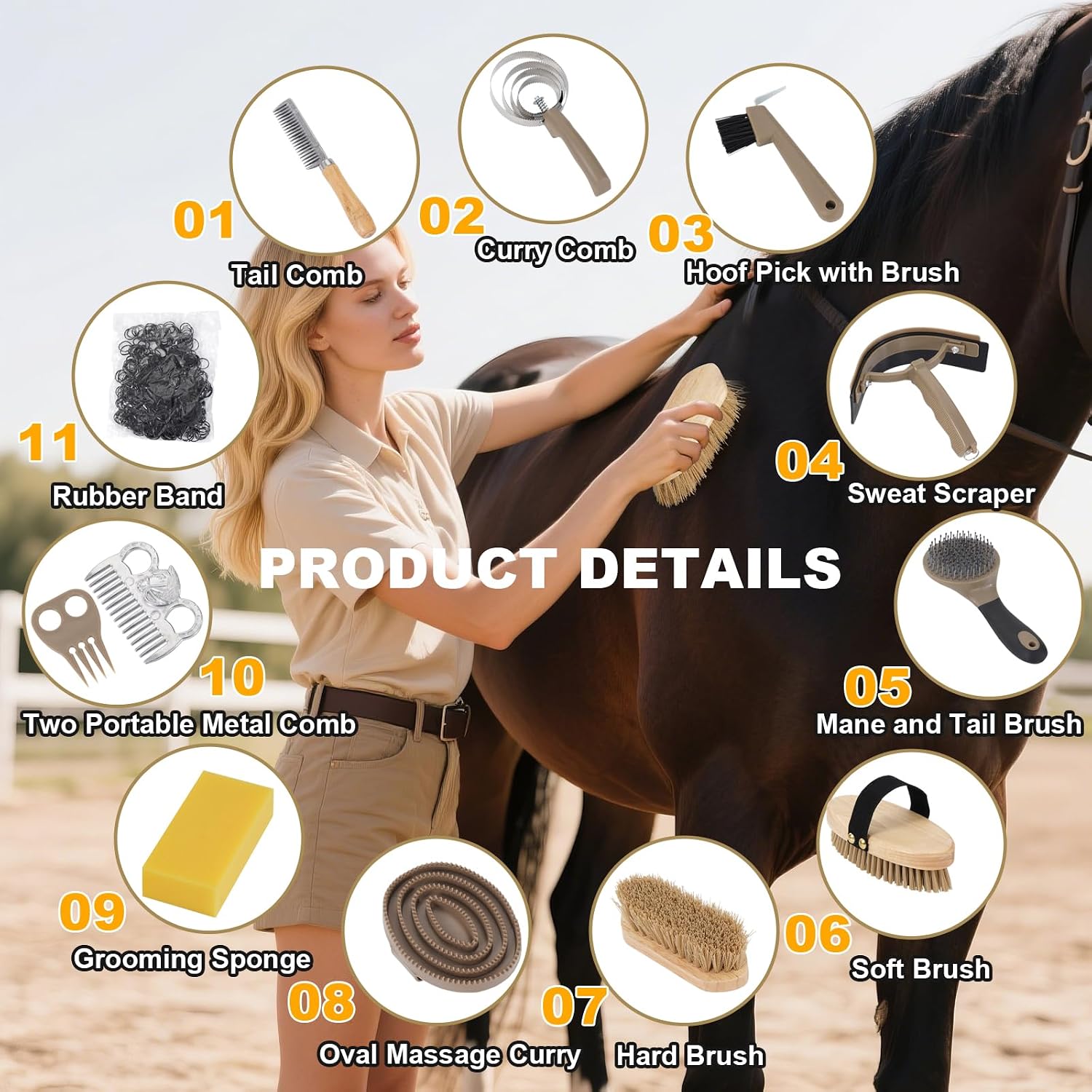 Horse Grooming Kit 15PCS - Horse Brush Set with Organizer Tote Bag Care Cleaning Kit with Brush & Comb, Professional