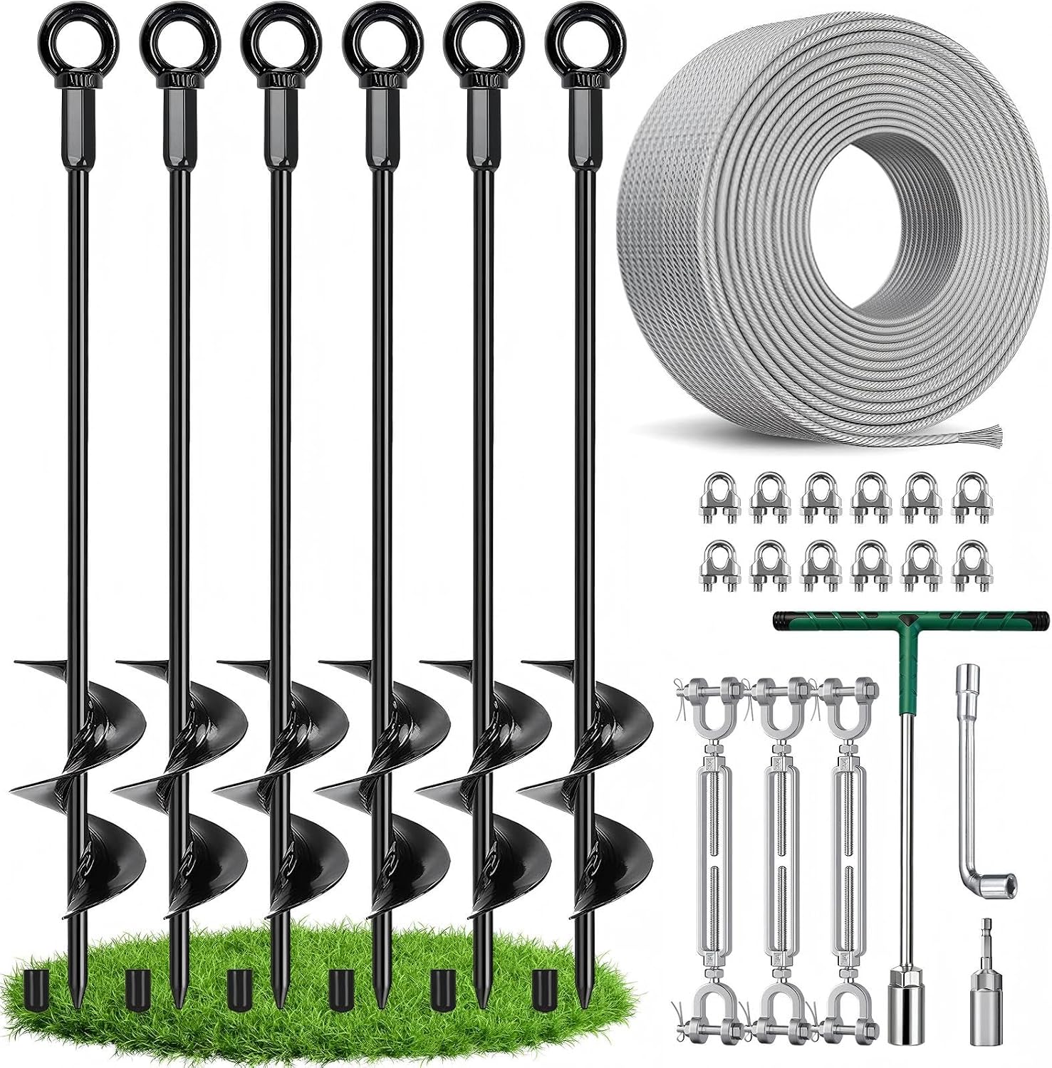 30 Inch Ground Anchors Screw in Shed Anchors to Ground Kit with Cable, Turnbuckles, Spiral Earth Anchor Kit for