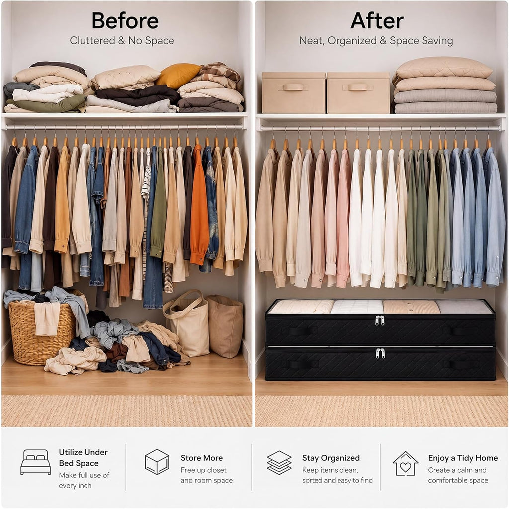 Black Underbed Storage Bags with Clear Window and 2 Reinforced Handles Under Bed Storage Containers for Clothing