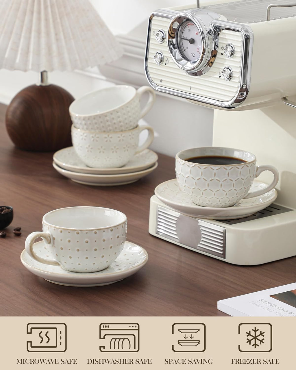 8 OZ Cappuccino Cups with Saucers, Embossed Latte Mugs Set of 4