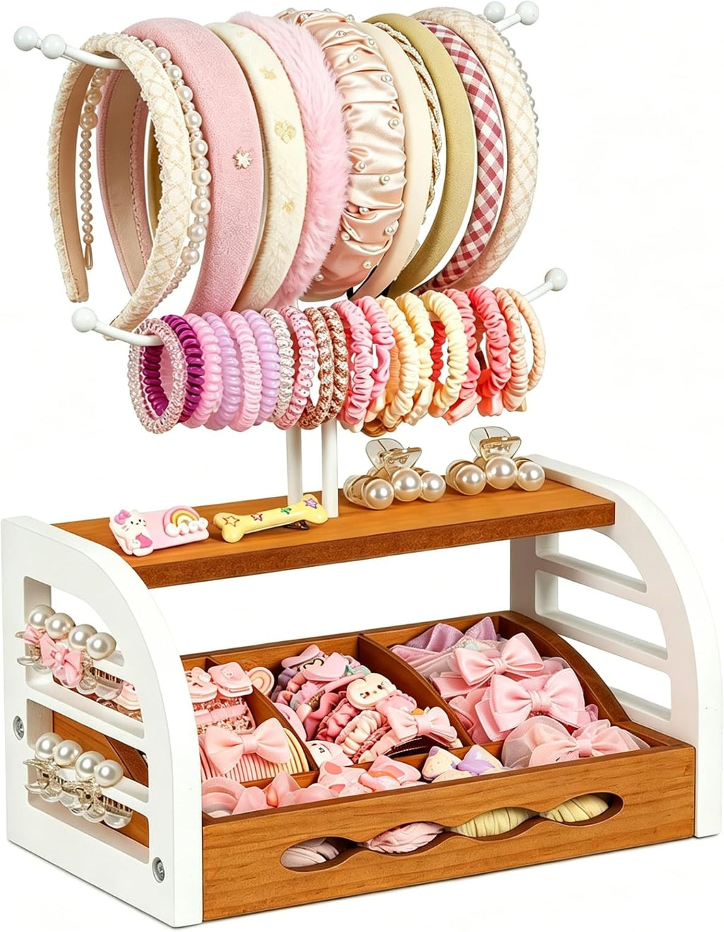 Headband Holder Stand, Hair Accessories Organizer with Dividers | Wood & Metal Tiered Storage Rack for Scrunchies