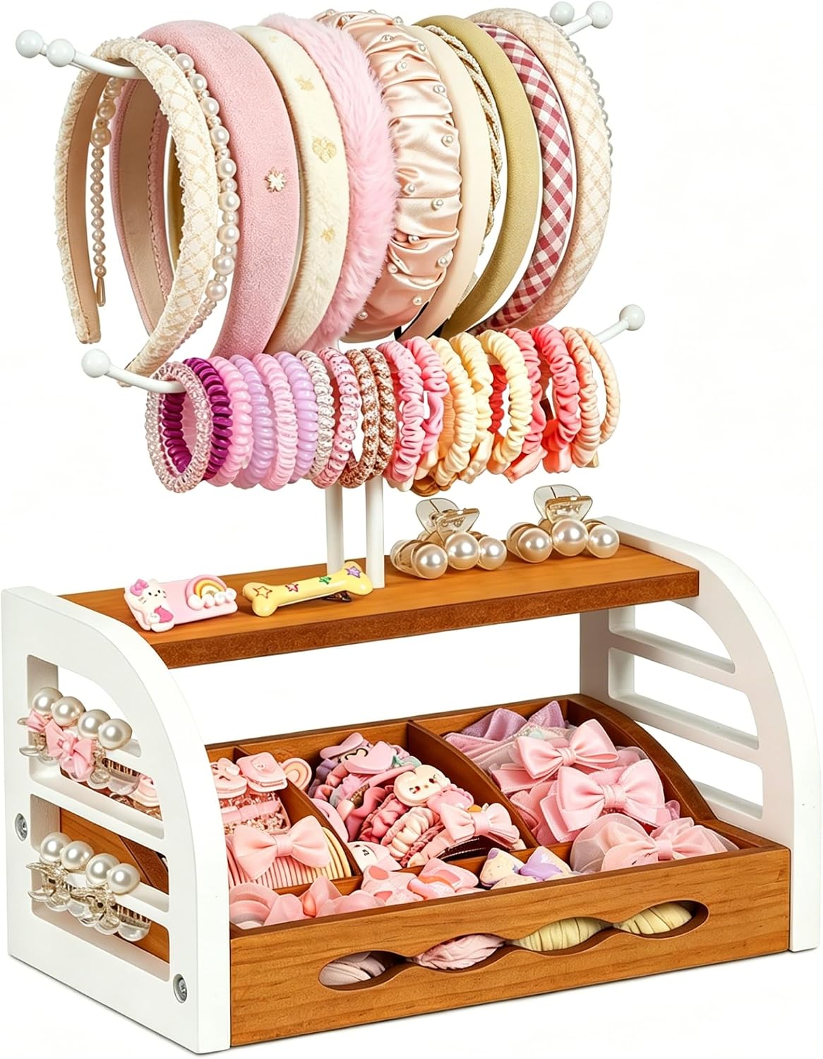 Headband Holder Stand, Hair Accessories Organizer with Dividers | Wood & Metal Tiered Storage Rack for Scrunchies