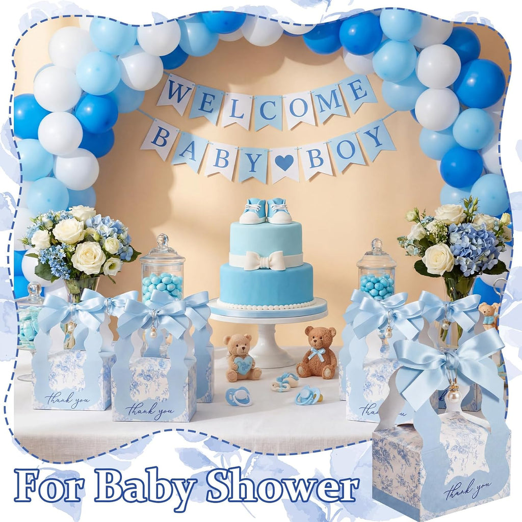 50 Sets Floral Wedding Favor Boxes with Pearl Pendant Bow, Blue