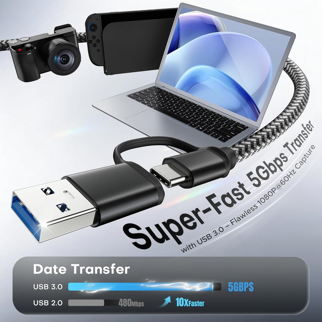 Video Capture Card HDMI to USB 3.0, 1080P 60FPS/2K 30FPS for Streaming | Plug and Play with Type-C & Type-A Ports