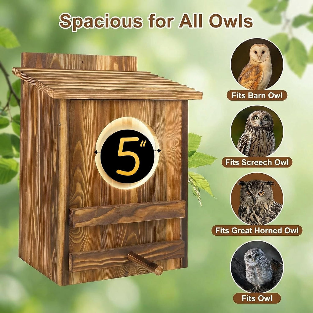 Owl Houses for Outdoors–16"x12"x9.6"Large Carbonized Barred Owl Nesting Box, Waterproof&Ventilated Design