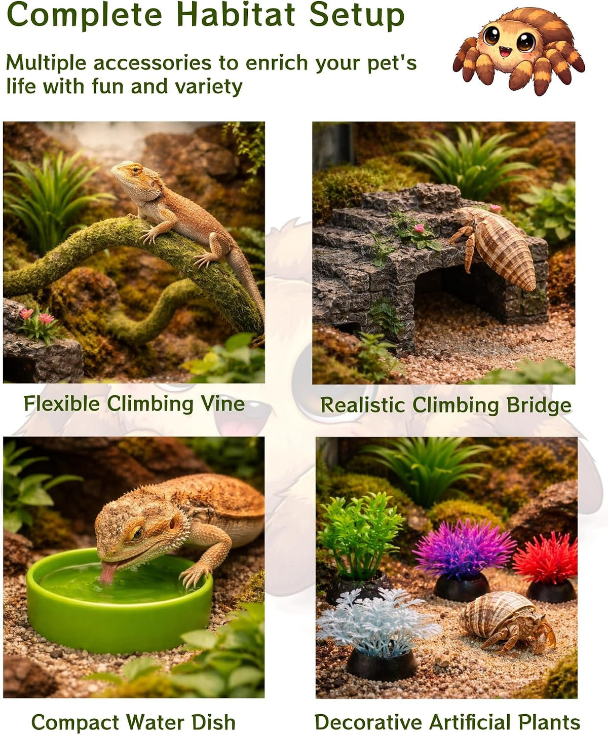 12-in-1 Hermit Crab Accessories Kit, 2026 New Kit for Bearded Dragon, Coconut Shell Hideout, Climbing Bridge