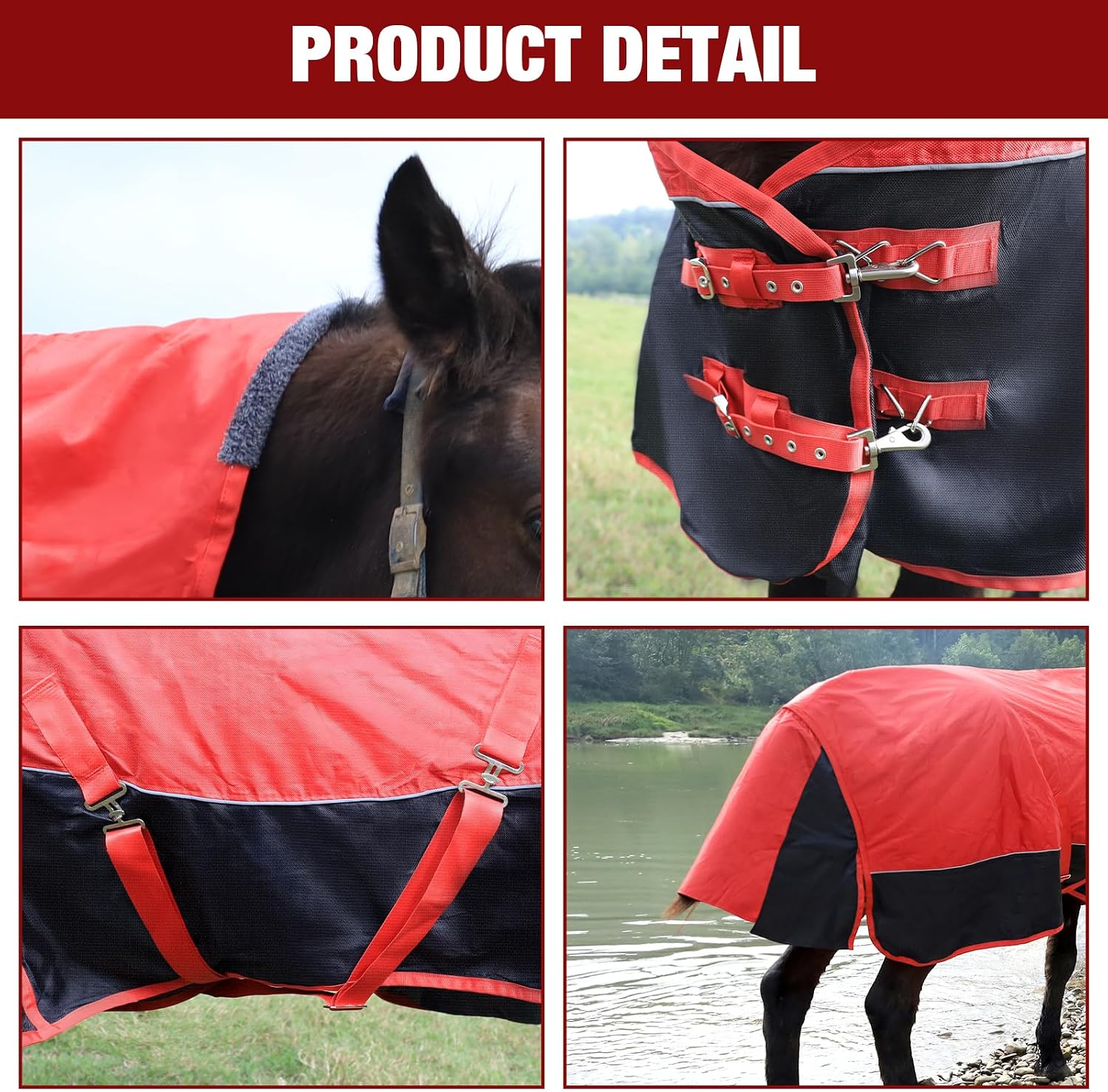 Horse Blankets Winter for Real Horses, 1600D Waterproof Poly Rain Sheets 78 in with Neck Cover Belly Wrap Tail Wrap