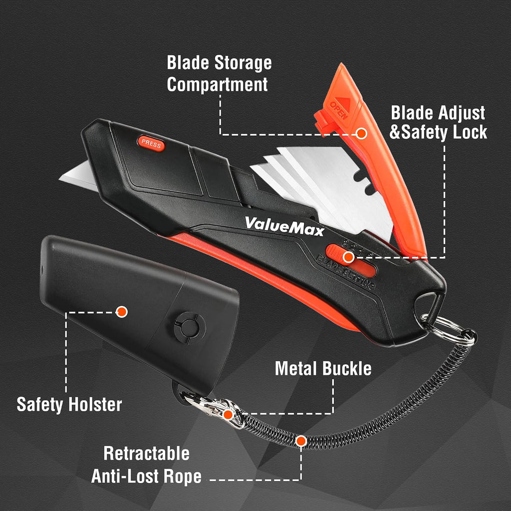 4-Pack Box Cutter Knife, Cardboard Cutter with Self-Retracting 3-Position Locking Blade, Safety Sheath, Lanyard