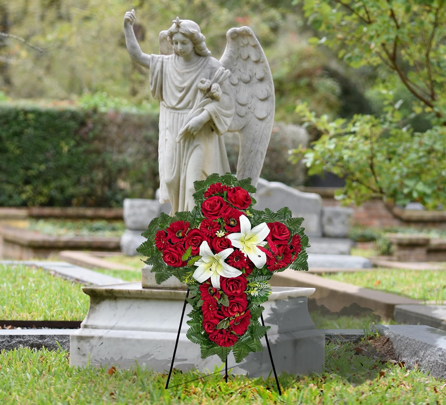 Cemetery Flower for Grave Decorations, Memorial Floral Cross with Easel Stand,Headstone Wreath-Red Rose