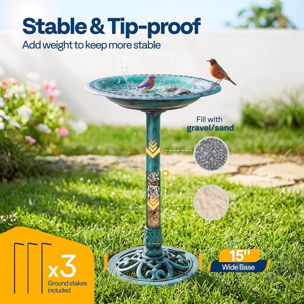 Bird Bath for Outside, Polyresin Pedestal Birdbath, Green