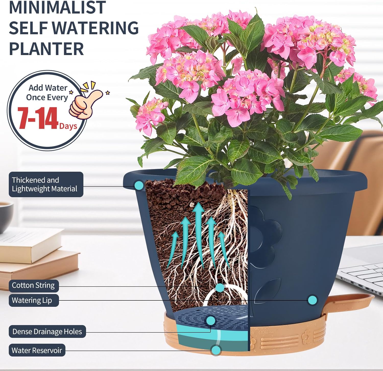 Plastic Plant Pots 10 Inch Set of 4, Self Watering Pots with Drainage Holes, Saucer & Reservoir, Flower Pots for