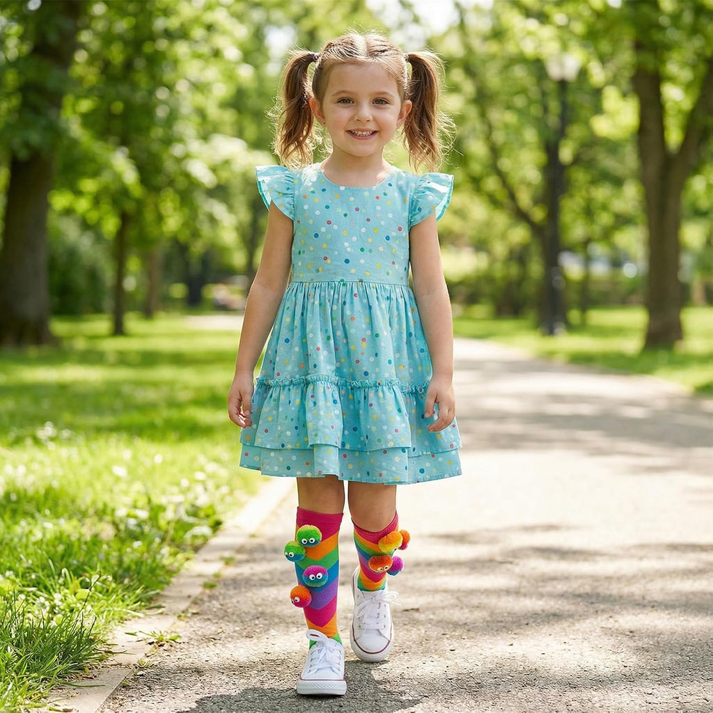 Crazy Socks for Kids Girls 3D Monster Pom Pom Rainbow Knee High Socks | Funny Novelty Wiggle Eye Monster Socks for