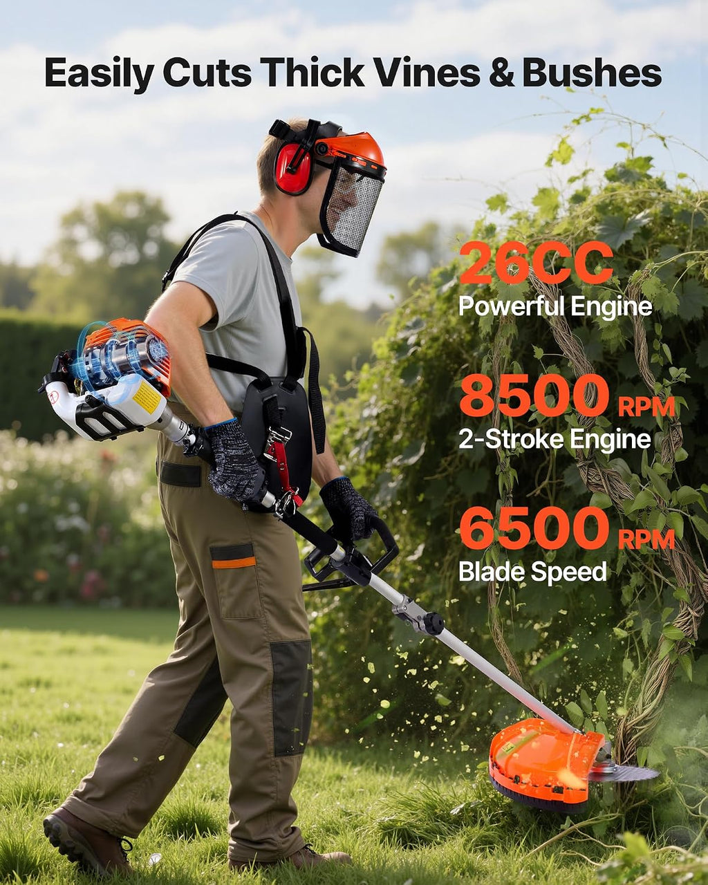 Gas Hedge Trimmer, 2 Cycle Gas Power Handheld Trimmer, 7-in-1 26cc Weed Eater with Extension Pole & Protective Gear