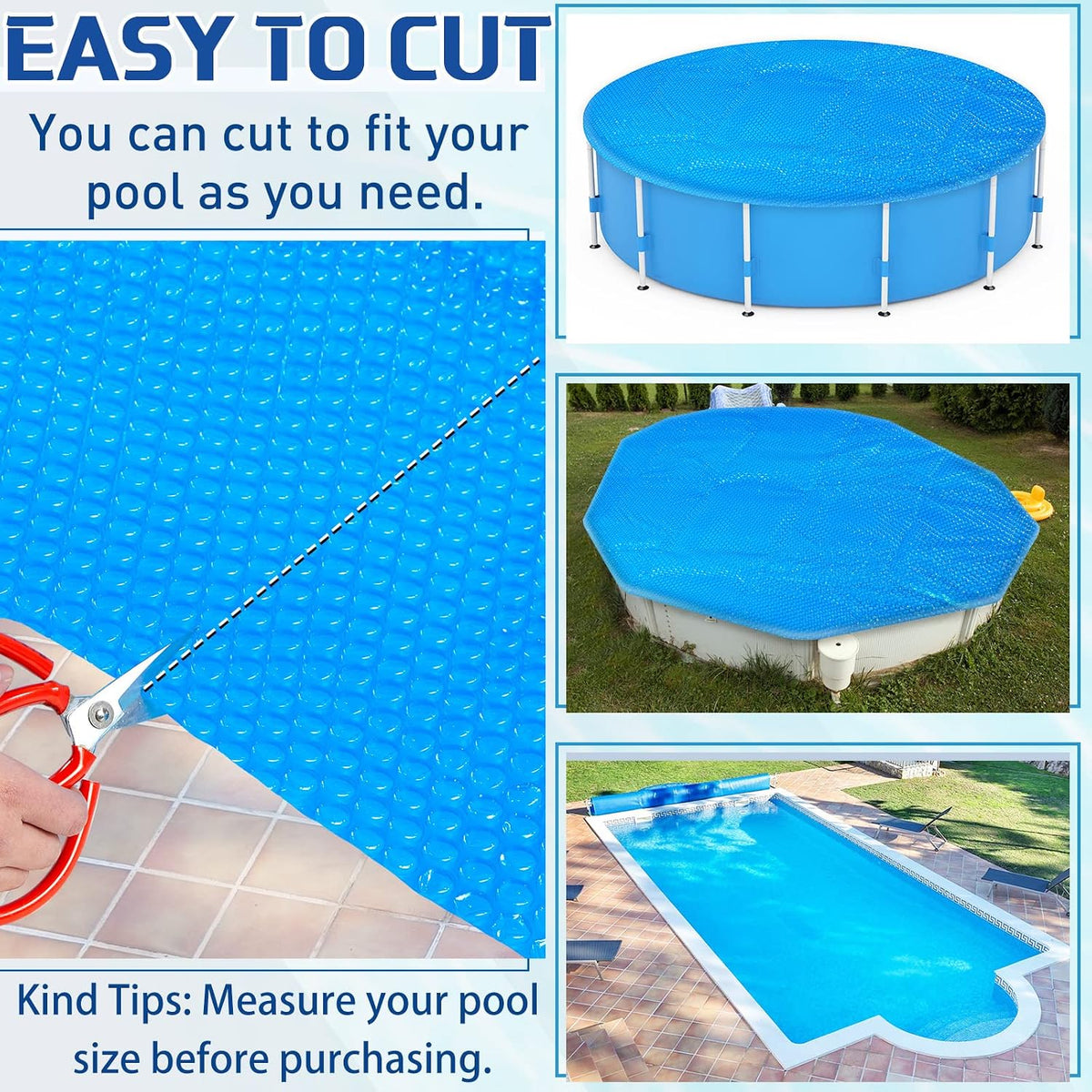 12 x 24 ft Blue Rectangle Solar Pool Cover 16 Mil Solar Blanket for Above Ground Inground Pools Heavy Duty Floating