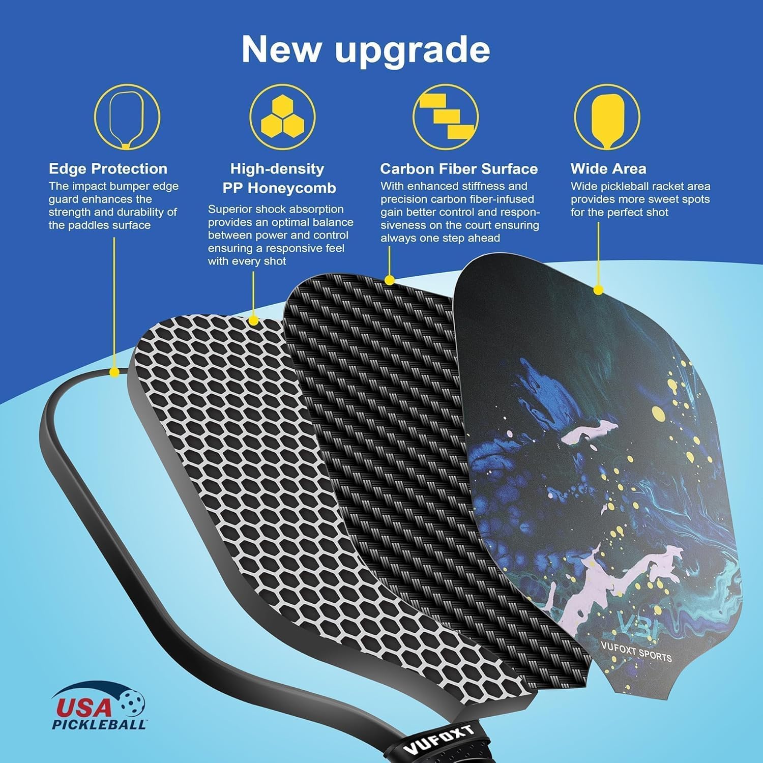 Pickleball Paddles Set of 2/4, USAPA Approved Carbon Fiber Surface Pickle Ball Set - 14mm PP Honeycomb Core of