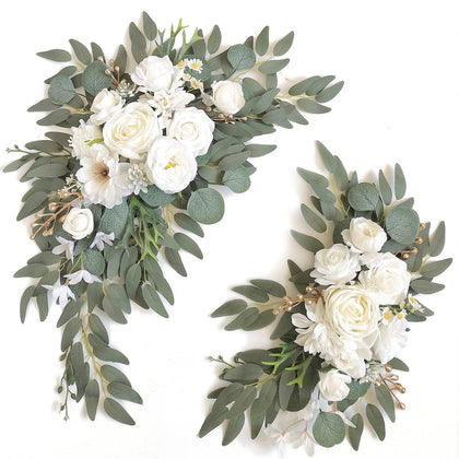 Faux Arch Flower Swag Set of 2 for Wedding Welcome Signs Floral Swag Wedding Reception Ceremony Signs Decor (White)