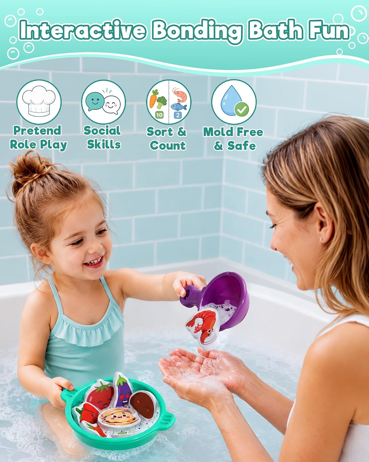 Bath Toys for Kids Ages 4-8 Bathtub Water Toys Play Food Cooking Set | 16 Pcs Mold Free Floating Foam Vegetables &